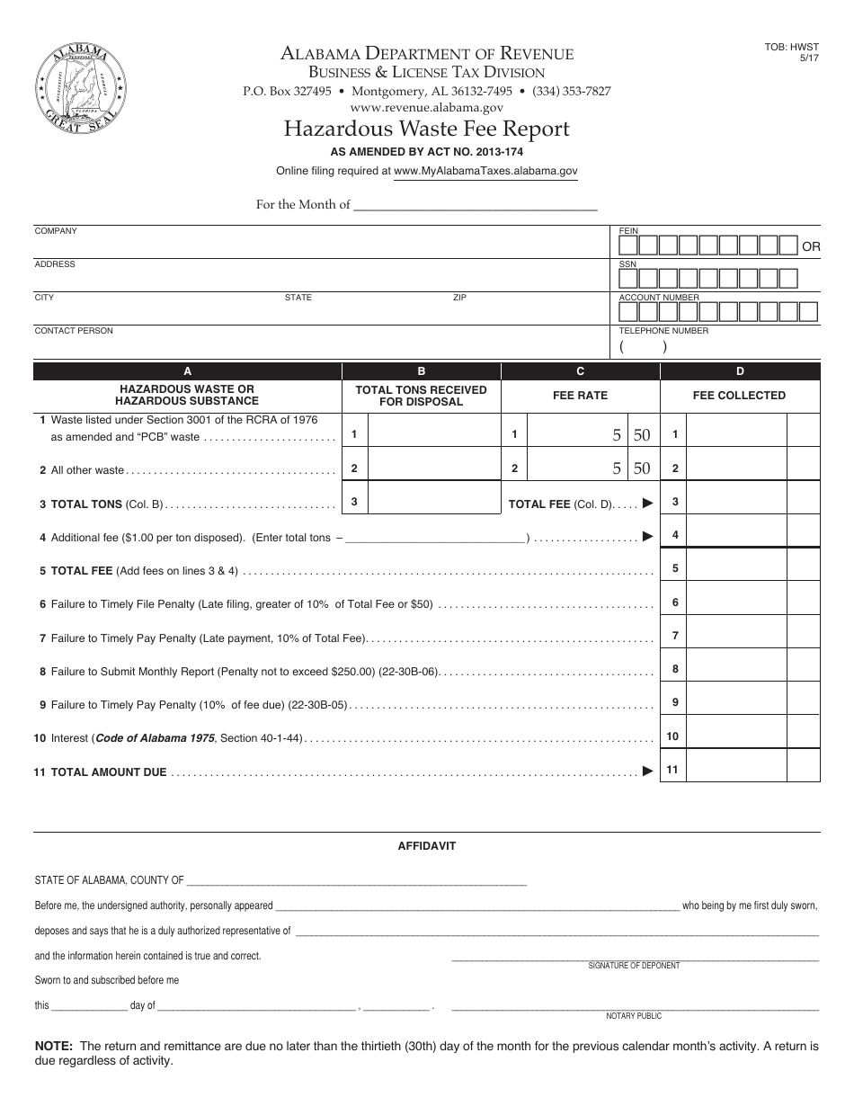 Form TOB: HWST Hazardous Waste Fee Report - Alabama, Page 1