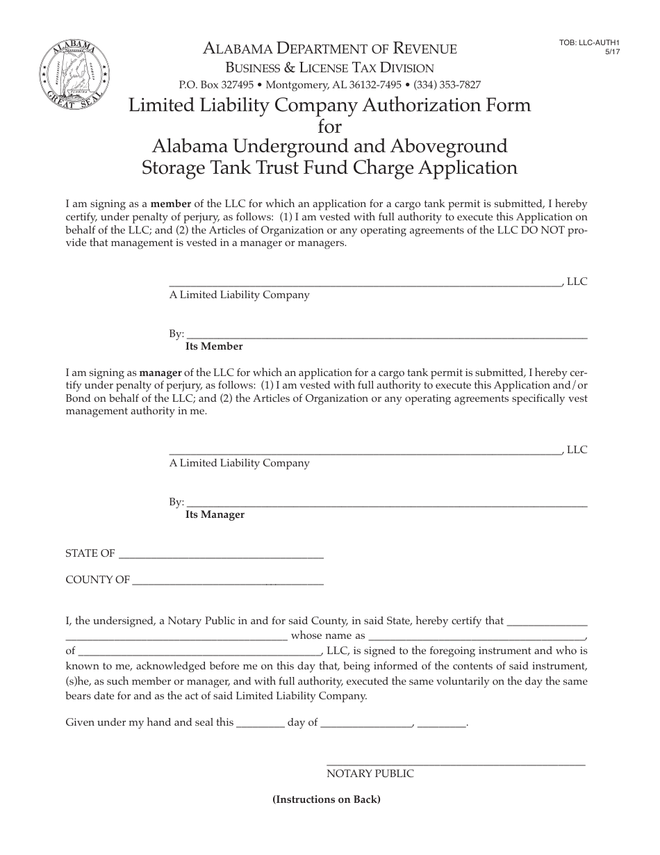 Form TOB LLCAUTH1 Fill Out, Sign Online and Download Printable PDF