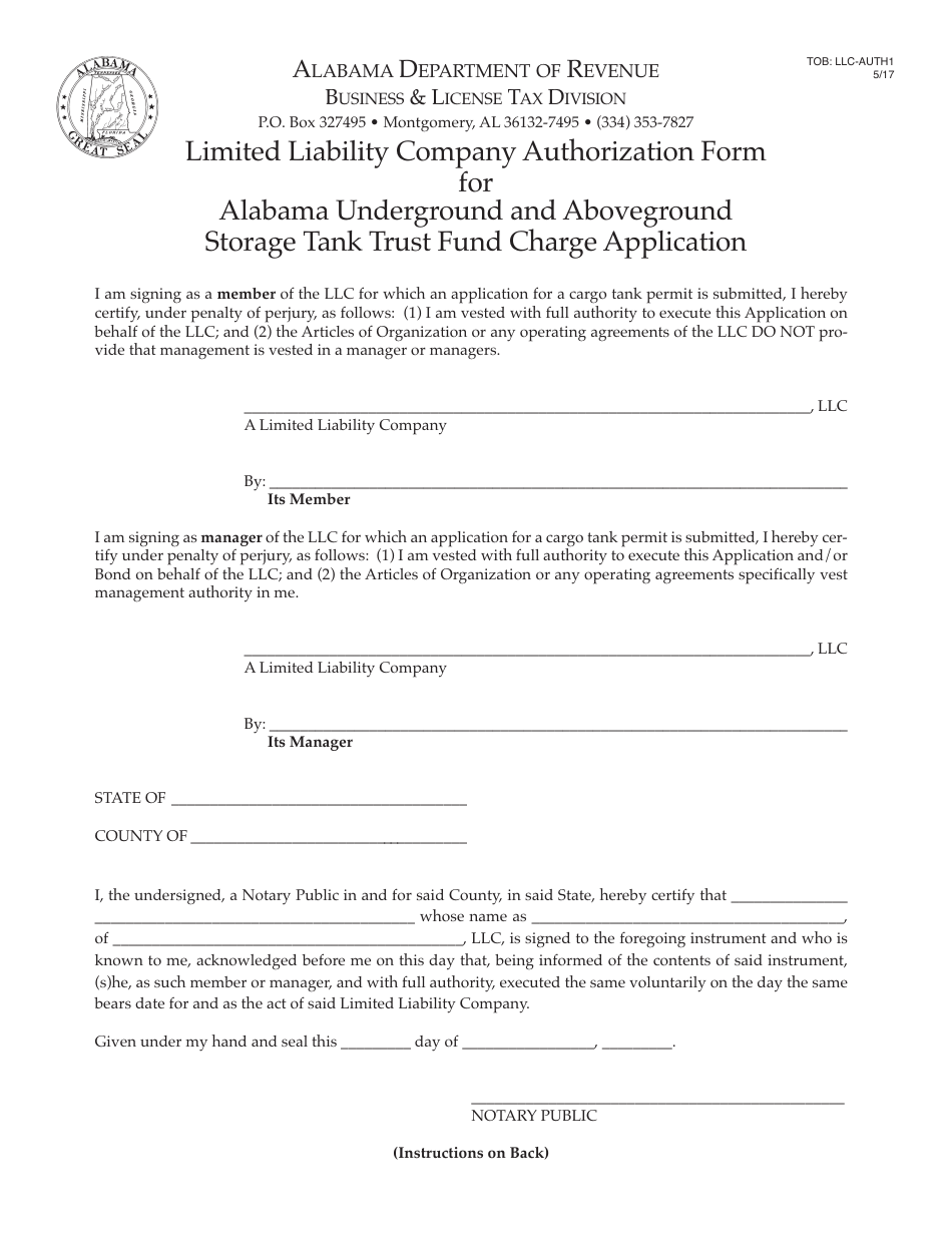 Form TOB: LLC-AUTH1 Limited Liability Company Authorization Form for Alabama Underground and Aboveground Storage Tank Trust Fund Charge Application - Alabama, Page 1