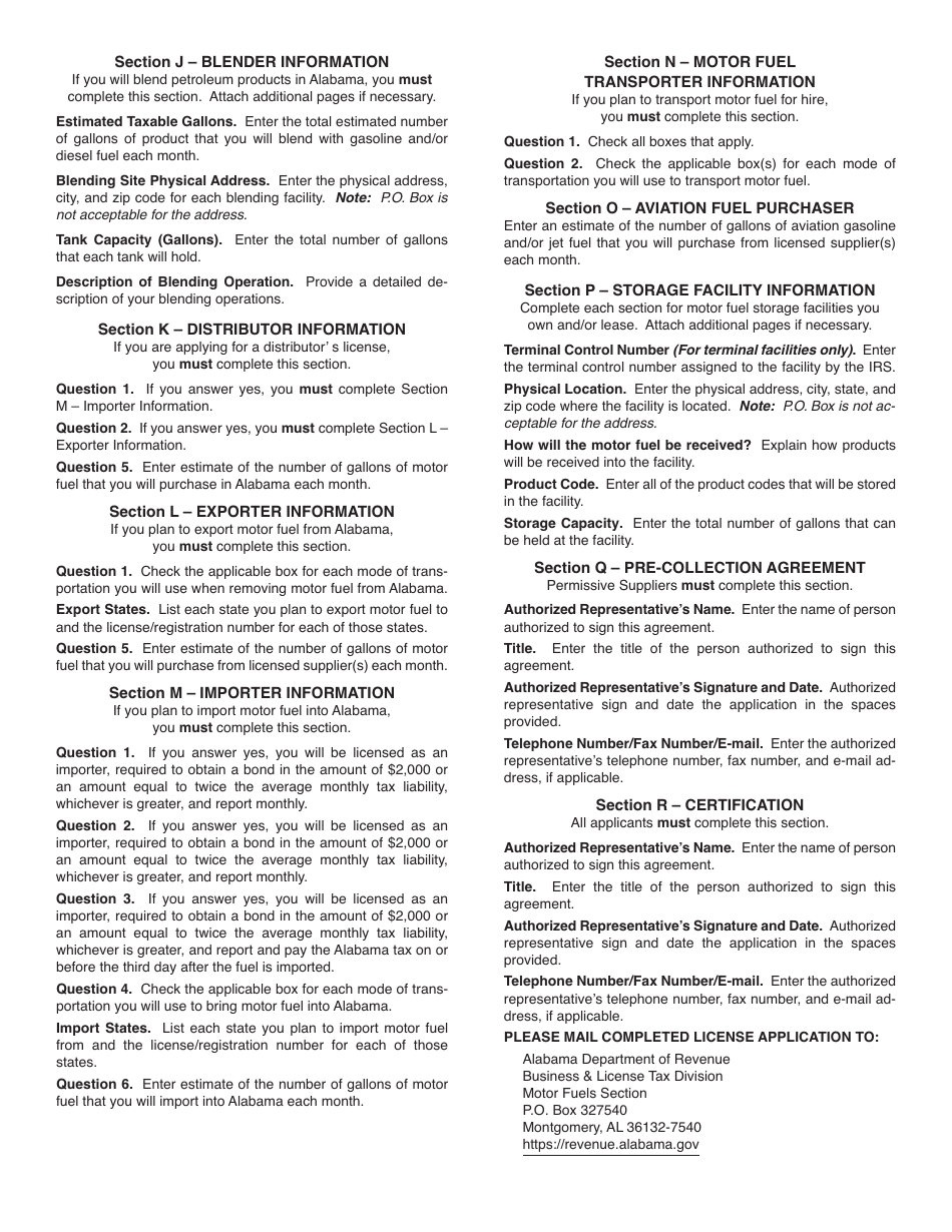 Instructions for Form BL: MFT-INS, BL:MFT-APP Motor Fuel Excise Tax License Application - Alabama, Page 2
