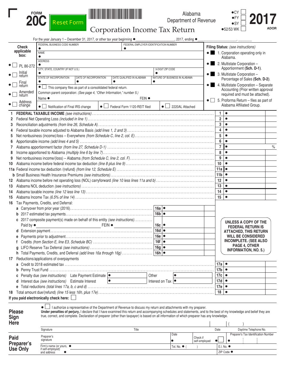 Form 20C Corporation Income Tax Return - Alabama, Page 1