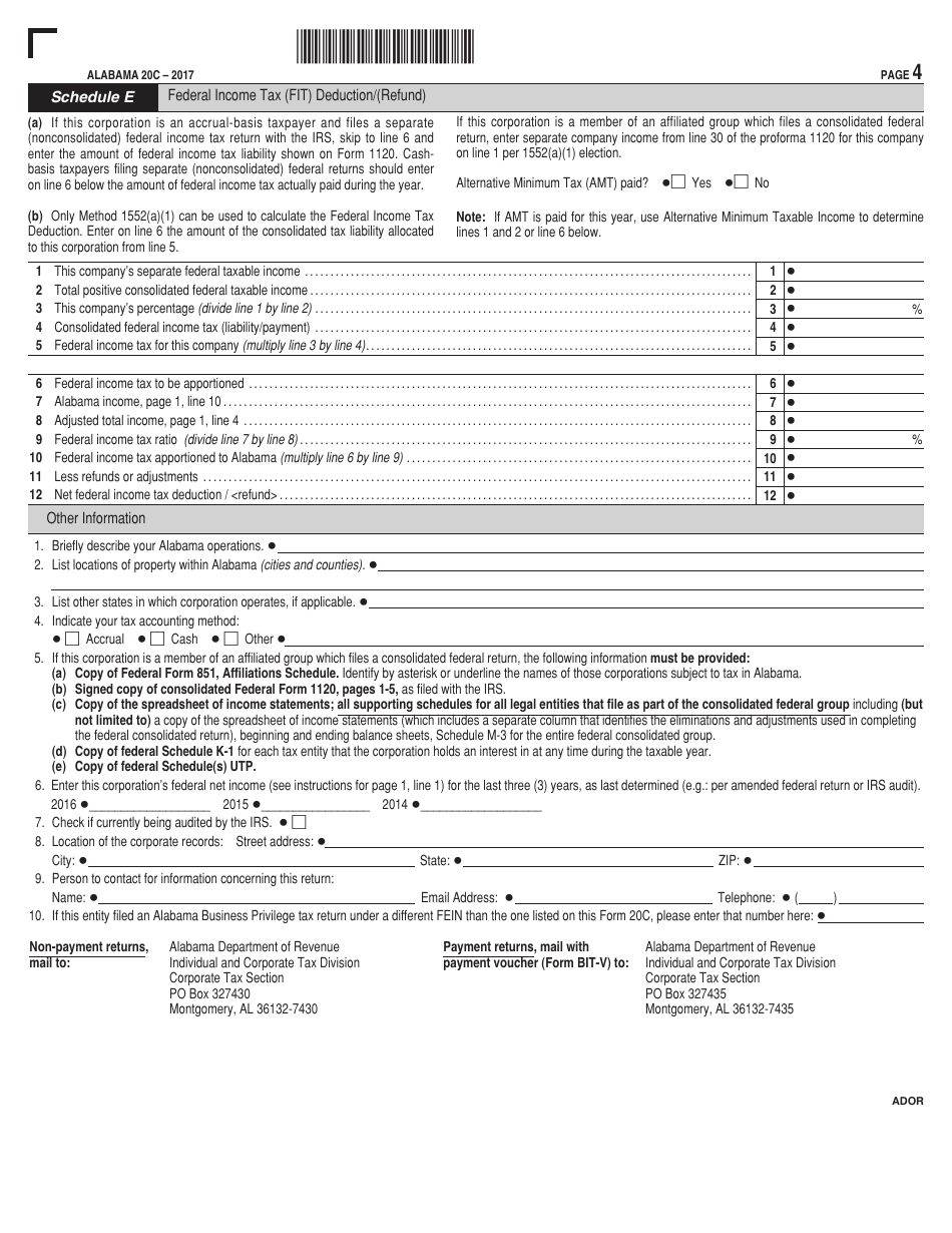 Form 20C Corporation Income Tax Return - Alabama, Page 4