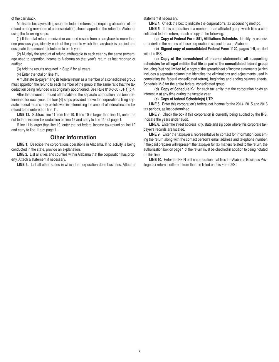 Instructions for Form 20C Corporation Income Tax Return - Alabama, Page 7