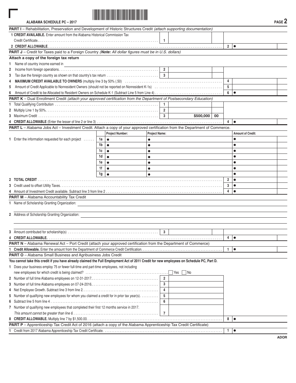 Form 20S Schedule PC Pass-Through Credits - Alabama, Page 2