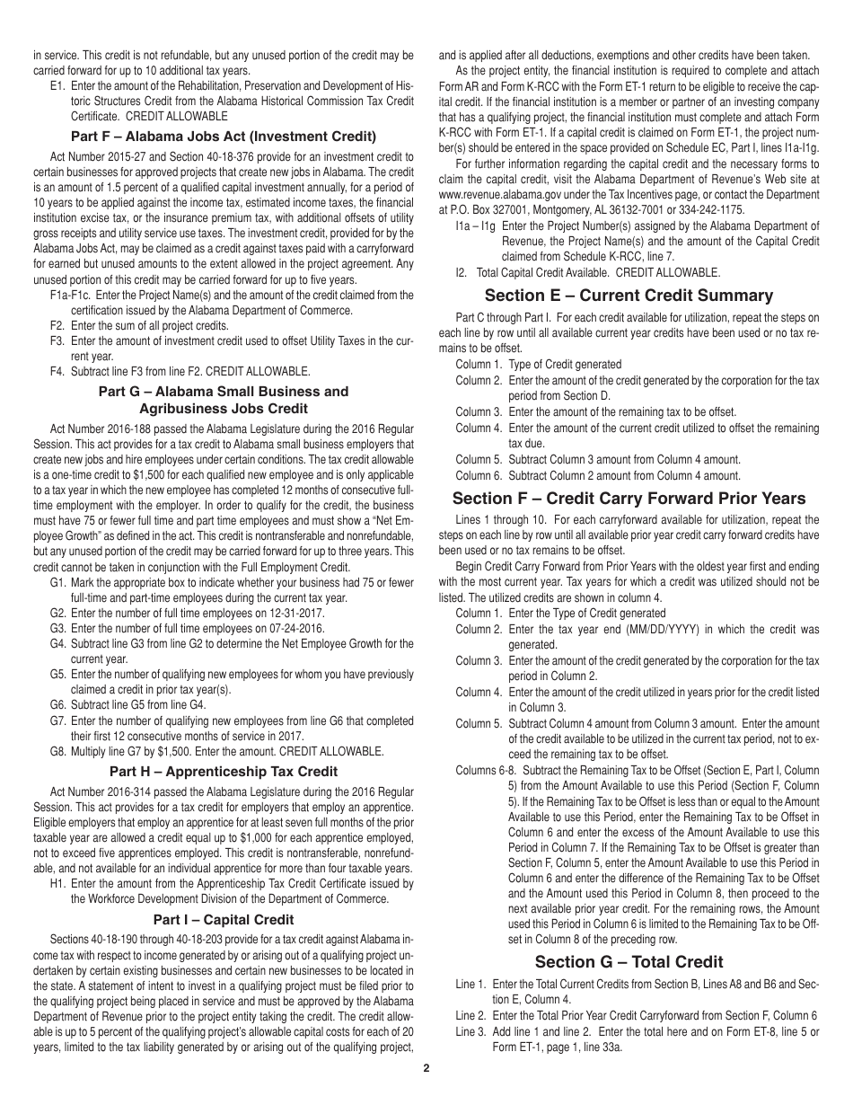 Instructions for Form ET-1 Schedule EC Business Credits - Alabama, Page 2