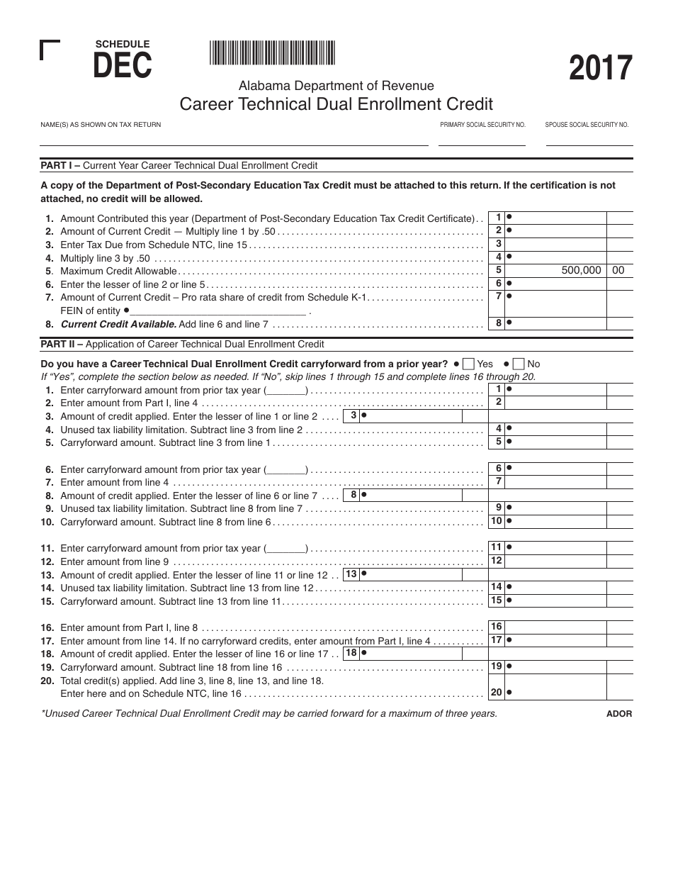 Schedule DEC Career Technical Dual Enrollment Credit - Alabama, Page 1