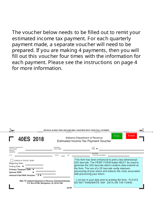 Form 40ES Estimated Income Tax Payment Voucher - Alabama, 2018