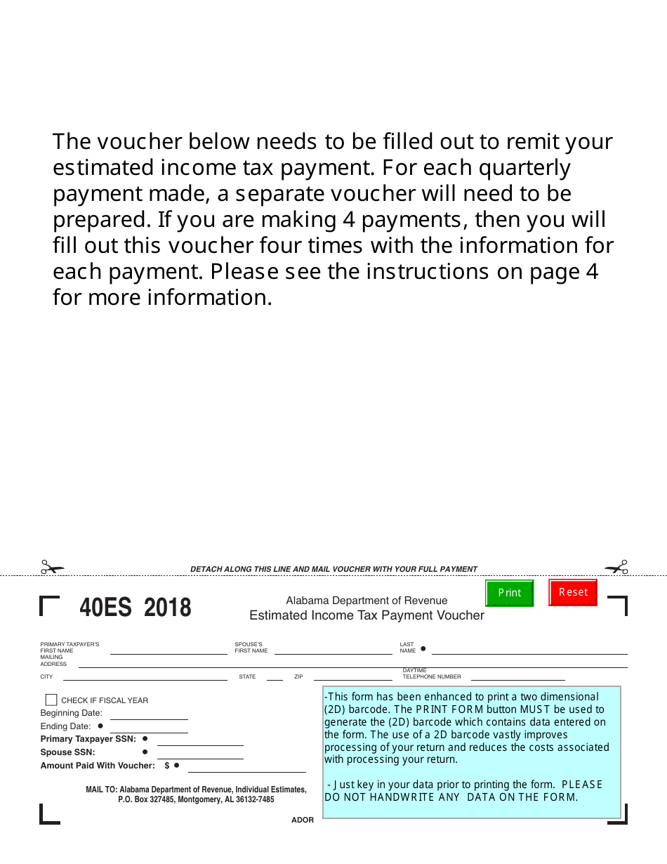 Form 40ES Estimated Income Tax Payment Voucher - Alabama, Page 1