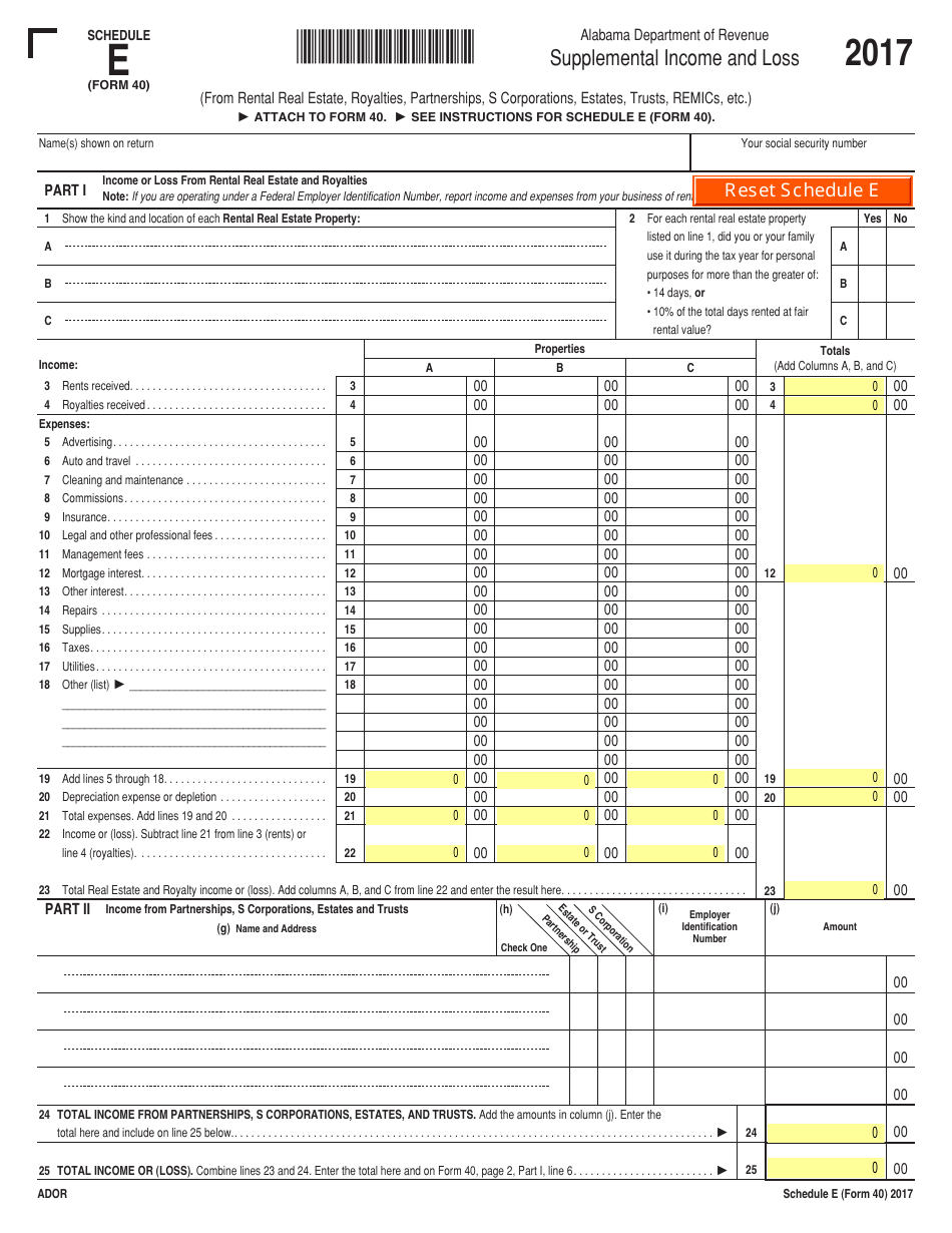 Form 40 Schedule E Supplemental Income and Loss - Alabama, Page 1