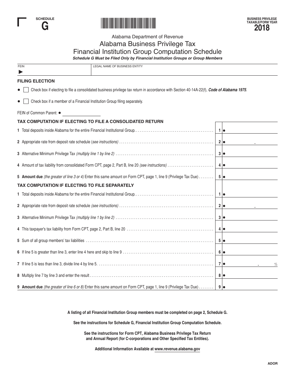 Schedule G Alabama Business Privilege Tax Financial Institution Group Computation Schedule - Alabama, Page 1