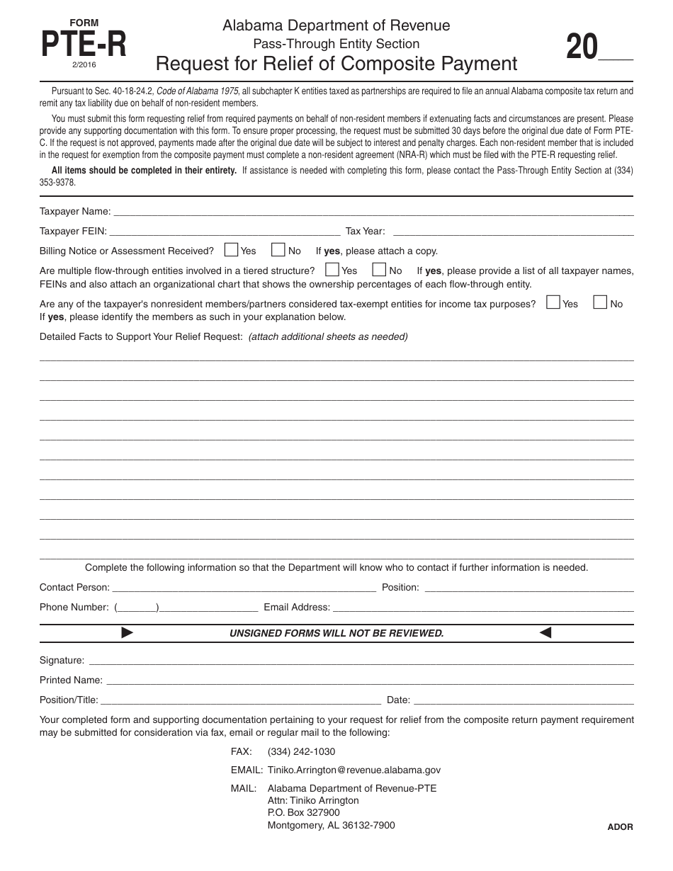 Form PTE-R Request for Relief of Composite Payment - Alabama, Page 1