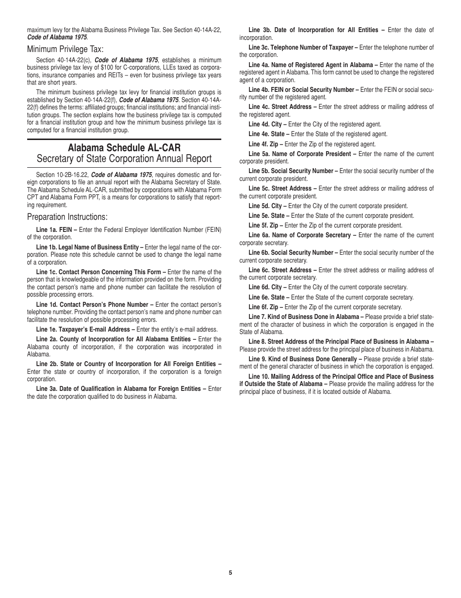 Instructions for Form CPT Alabama Business Privilege Tax Return and Annual Report - Alabama, Page 5