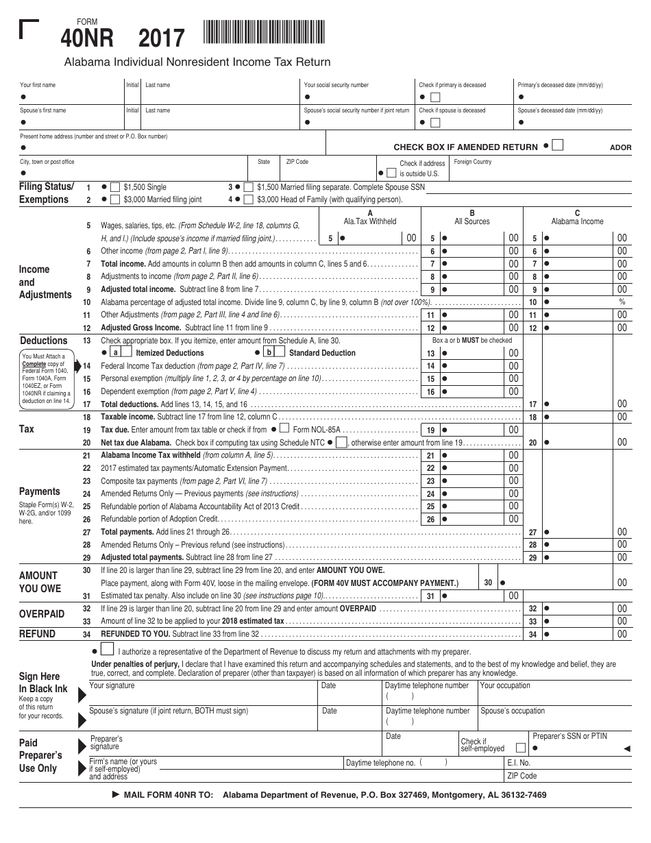 Form 40NR Alabama Individual Nonresident Income Tax Return - Alabama, Page 1