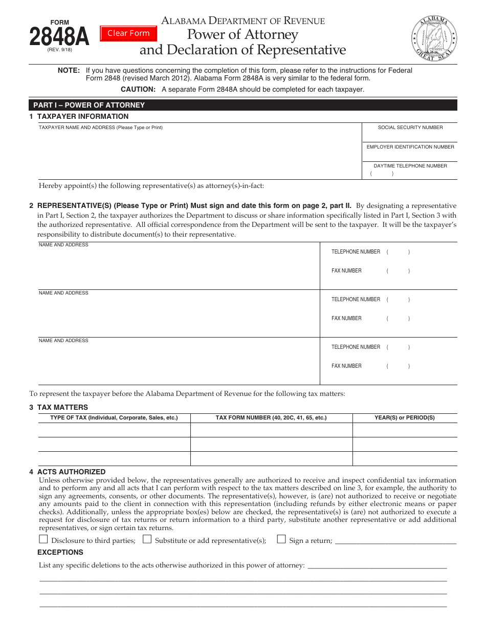 Form 2848A Power of Attorney and Declaration of Representative - Alabama, Page 1