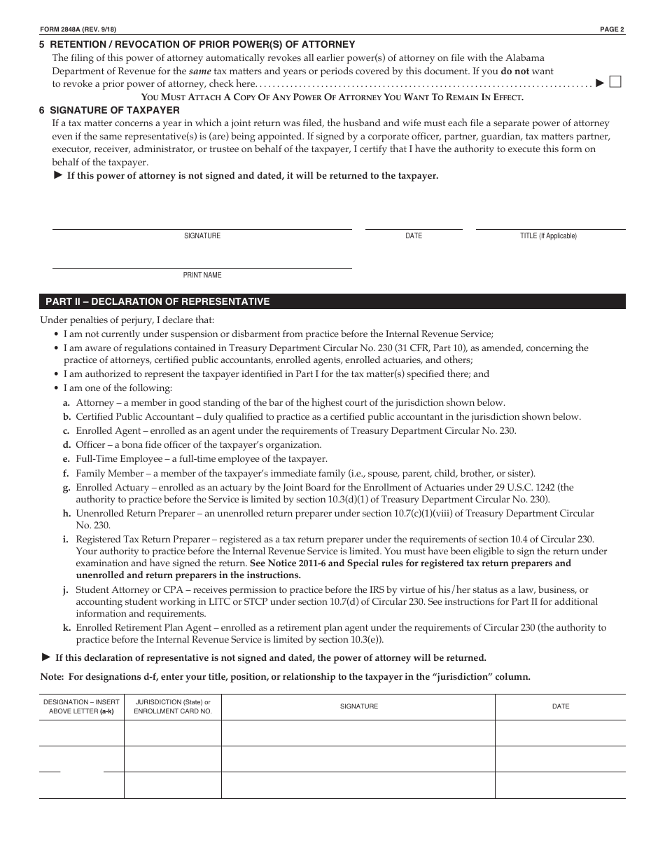 Form 2848A Power of Attorney and Declaration of Representative - Alabama, Page 2