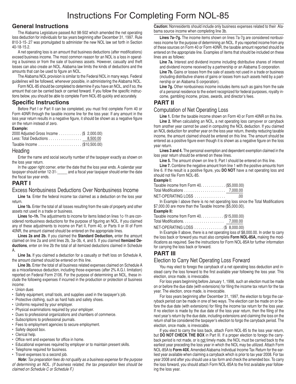 Form NOL-85 Computation of Net Operating Loss - Alabama, Page 2