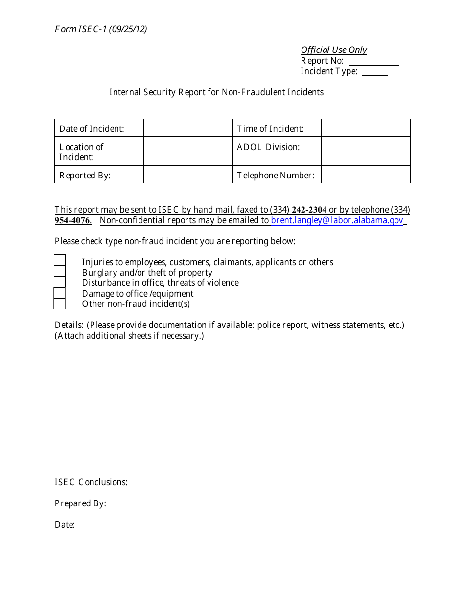 Form ISEC-1 Internal Security Report for Non-fraudulent Incident - Alabama, Page 1