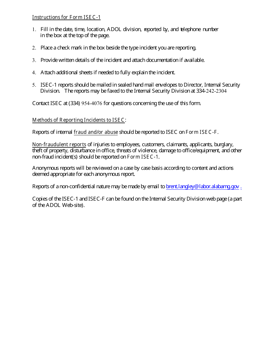 Form ISEC-1 Internal Security Report for Non-fraudulent Incident - Alabama, Page 2