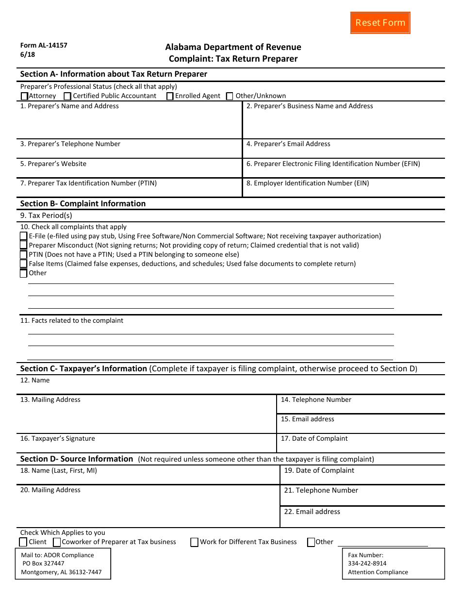 Form AL-14157 Tax Return Preparer Complaint Form - Alabama, Page 1