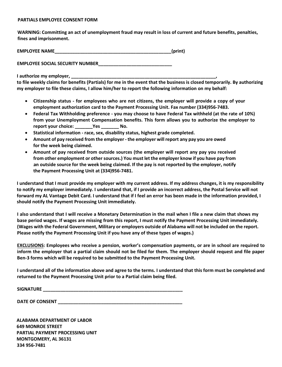 Partials Employee Consent Form - Alabama, Page 1