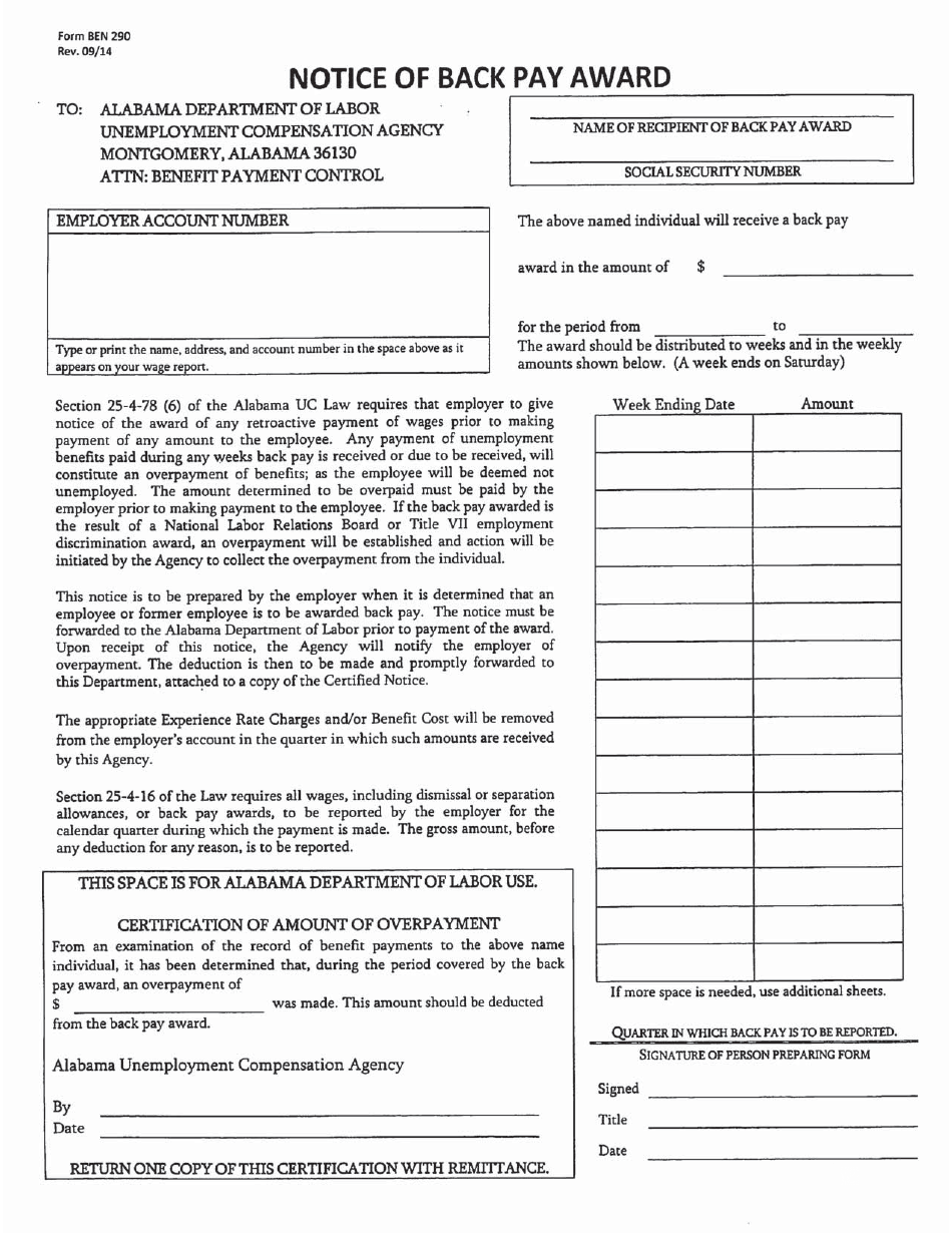 Form BEN290 Notice of Back Pay Award - Alabama, Page 1