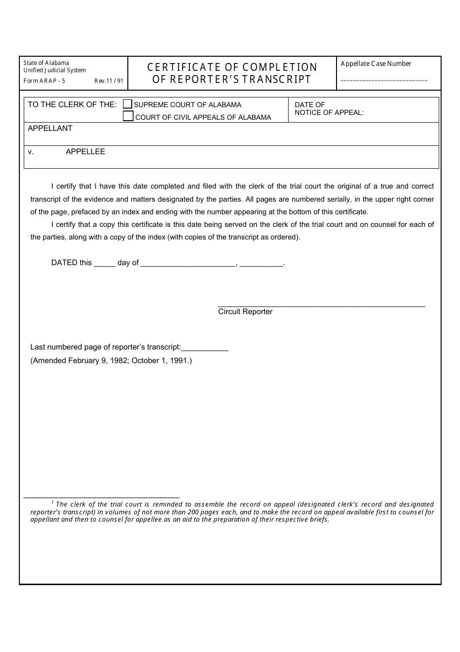 Form ARAP-5 Certificate of Completion of Reporter's Transcript - Alabama, Page 1