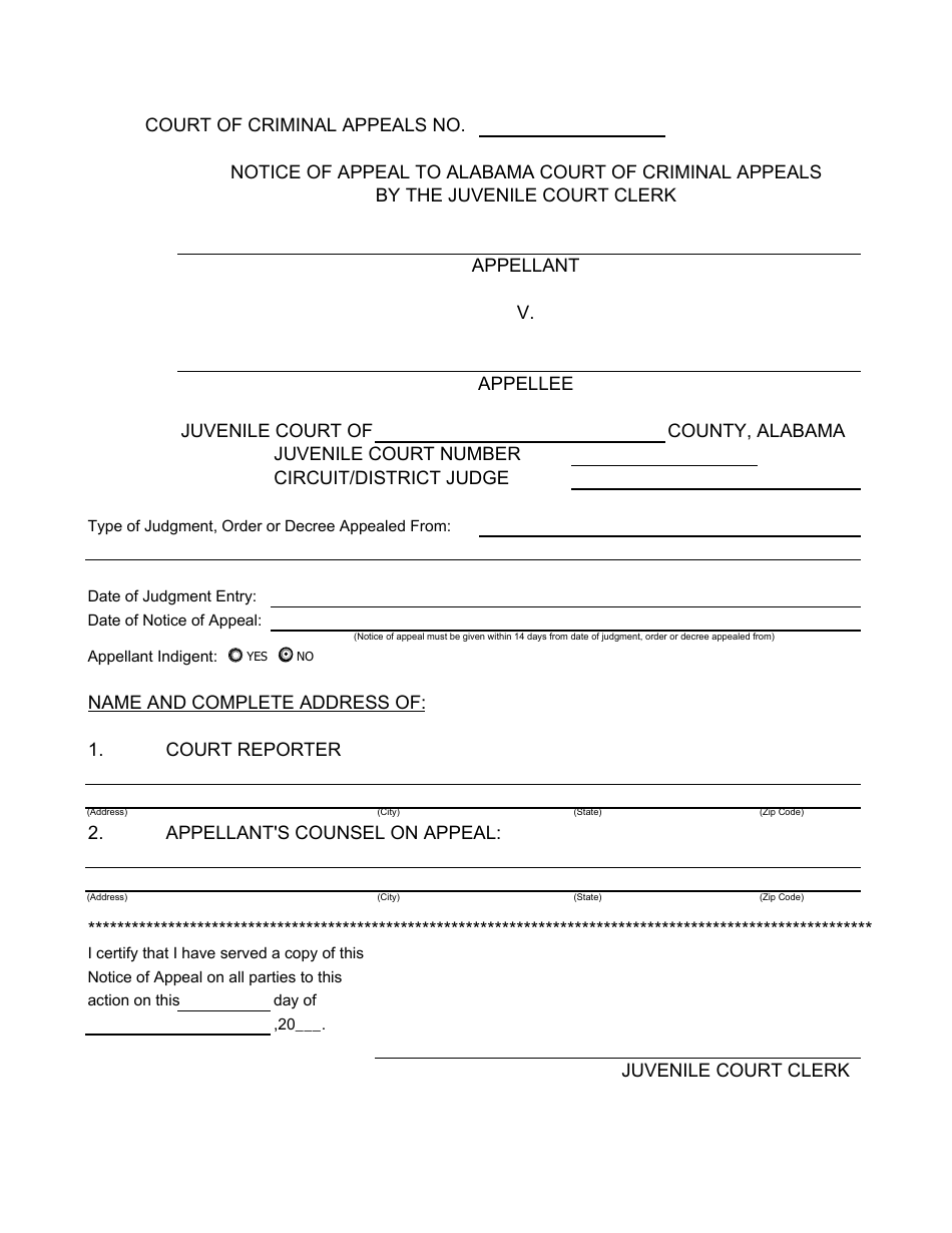 Notice of Appeal to Alabama Court of Criminal Appeals by the Juvenile Court Clerk - Alabama, Page 1