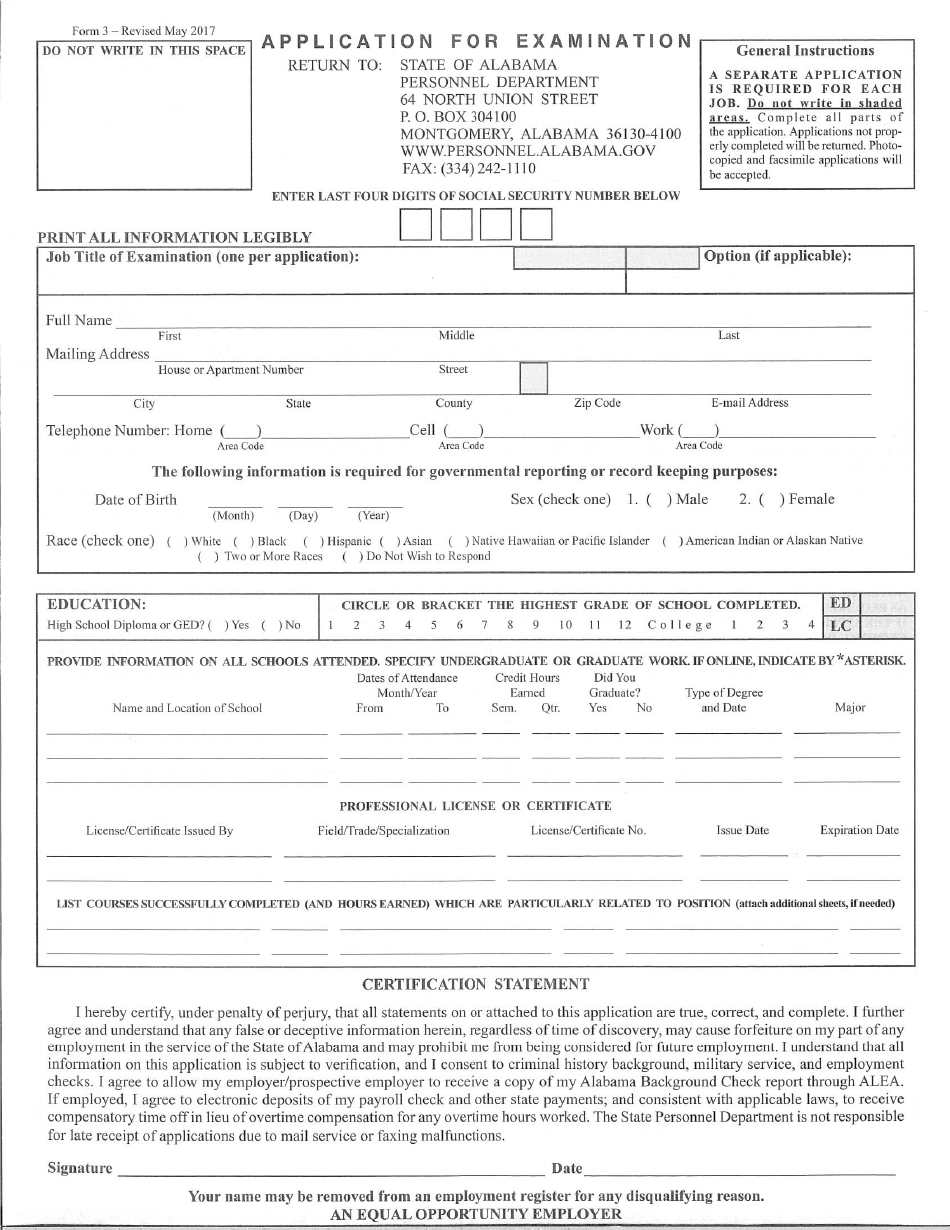 Form 3 Application for Examination - Alabama, Page 1