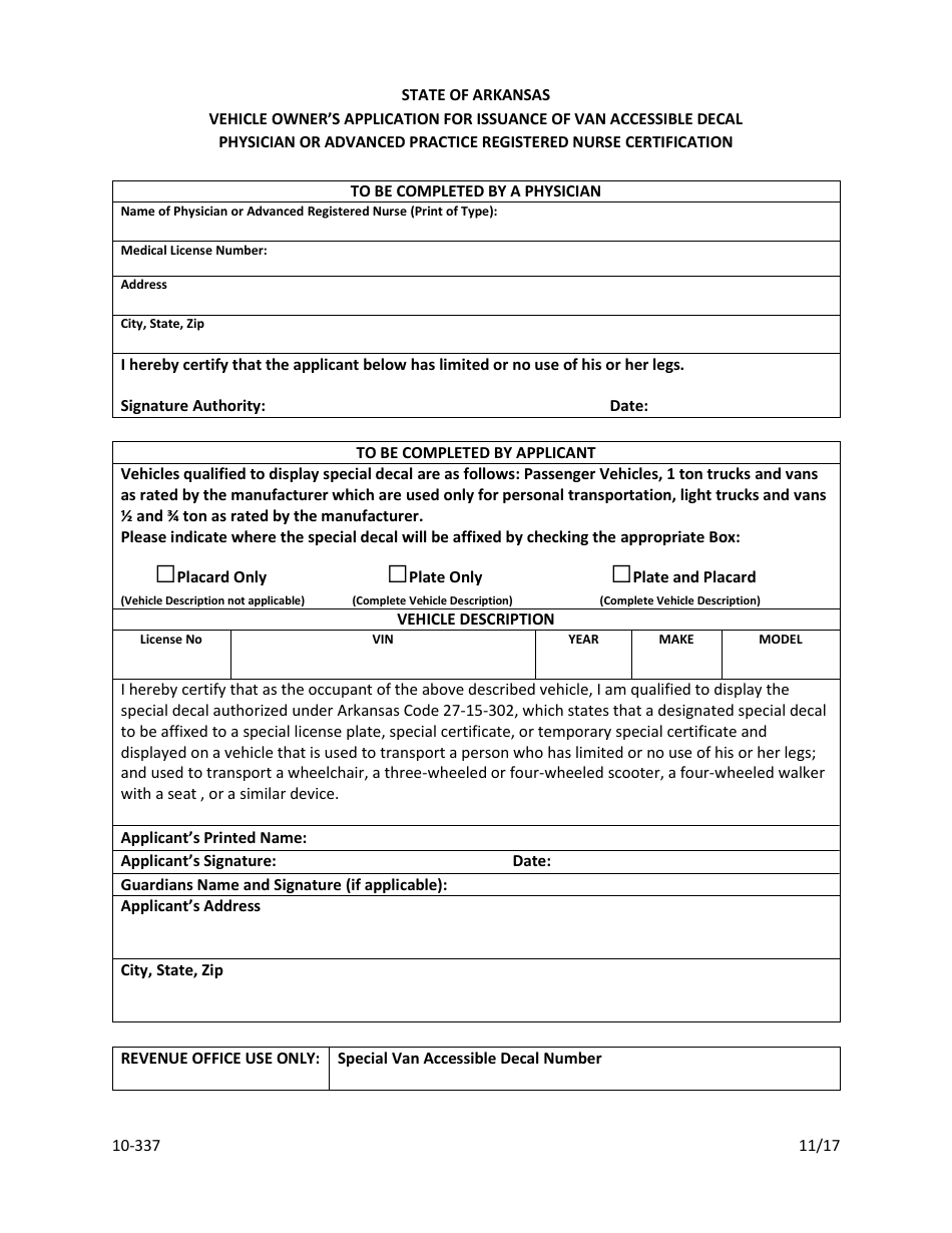 Form 10-337 Vehicle Owner's Application for Issuance of Van Accessible Decal Physician or Advanced Practice Registered Nurse Certification - Arkansas, Page 1