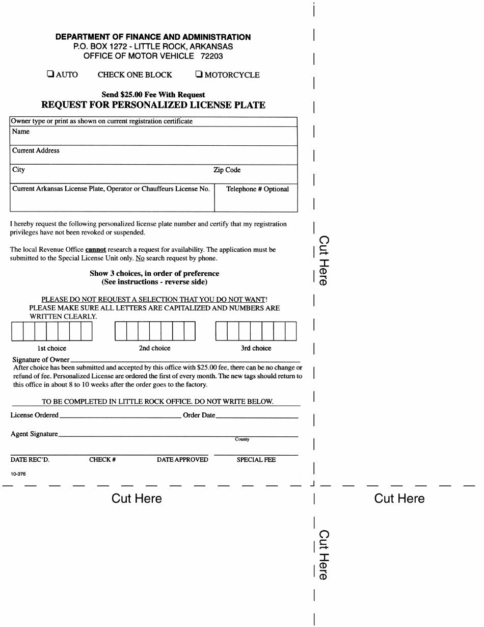 Arkansas Request for Personalized License Plate - Fill Out, Sign Online