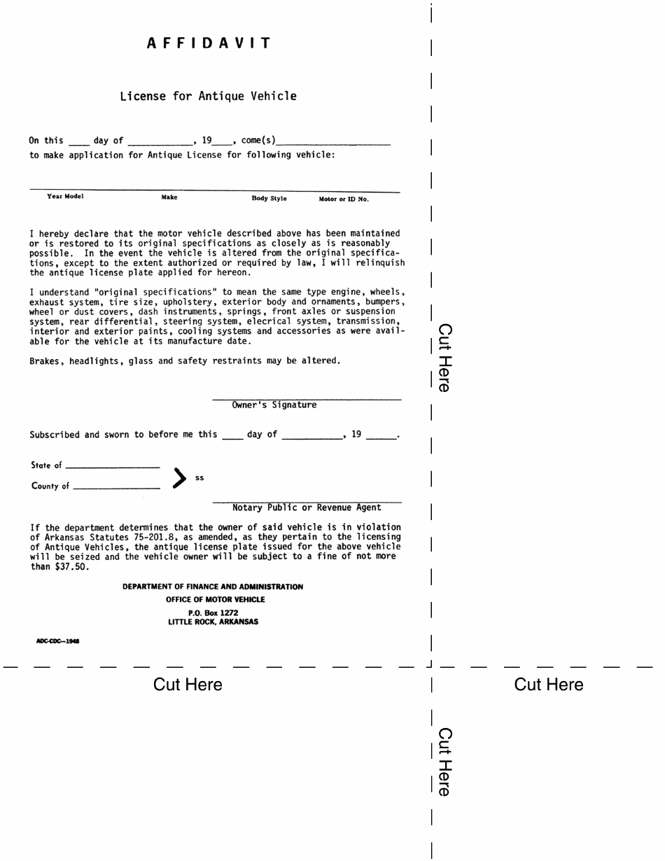 Form ADC-CDC-1948 Affidavit for Antique Vehicle - Arkansas, Page 1