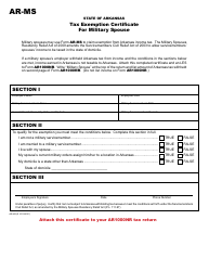 Document preview: Form AR-MS Tax Exemption Certificate for Military Spouse - Arkansas