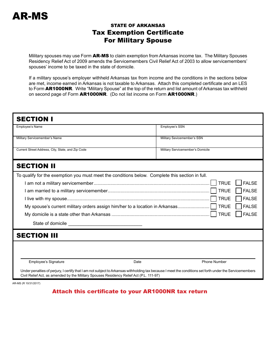 Form AR-MS Tax Exemption Certificate for Military Spouse - Arkansas, Page 1