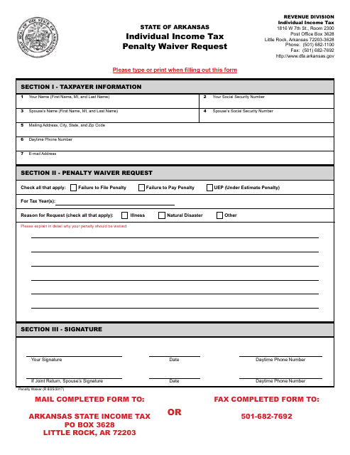 Individual Income Tax Penalty Waiver Request - Arkansas Download Pdf