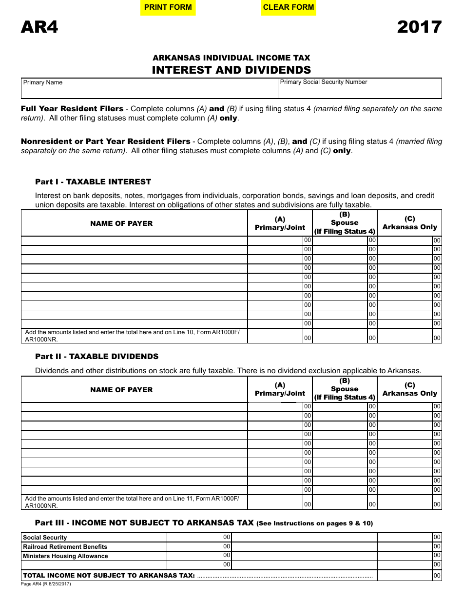Form AR4 Arkansas Individual Income Tax Interest and Dividends - Arkansas, Page 1