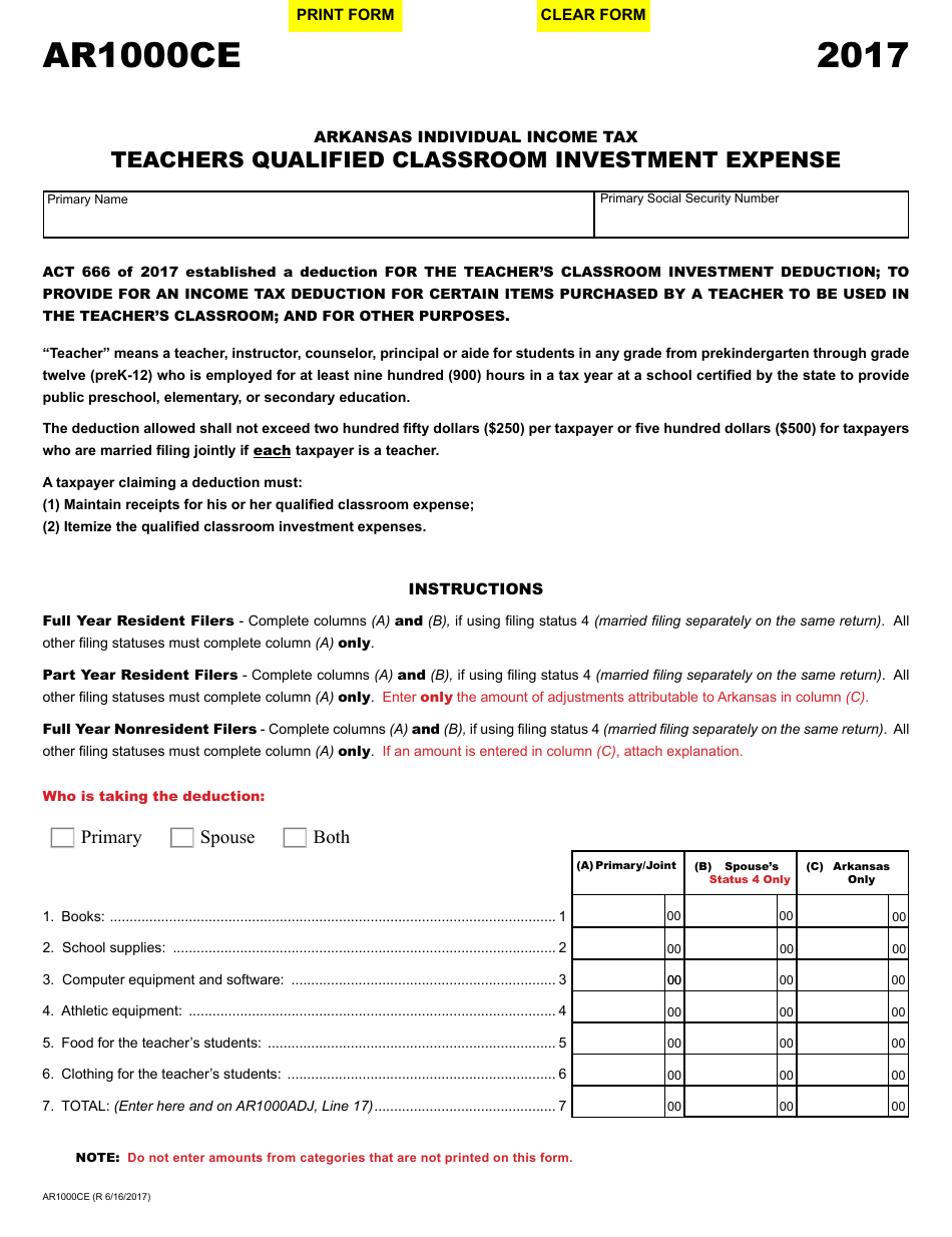 Form AR1000CE Arkansas Individual Income Tax Teachers Qualified Classroom Investment Expense - Arkansas, Page 1