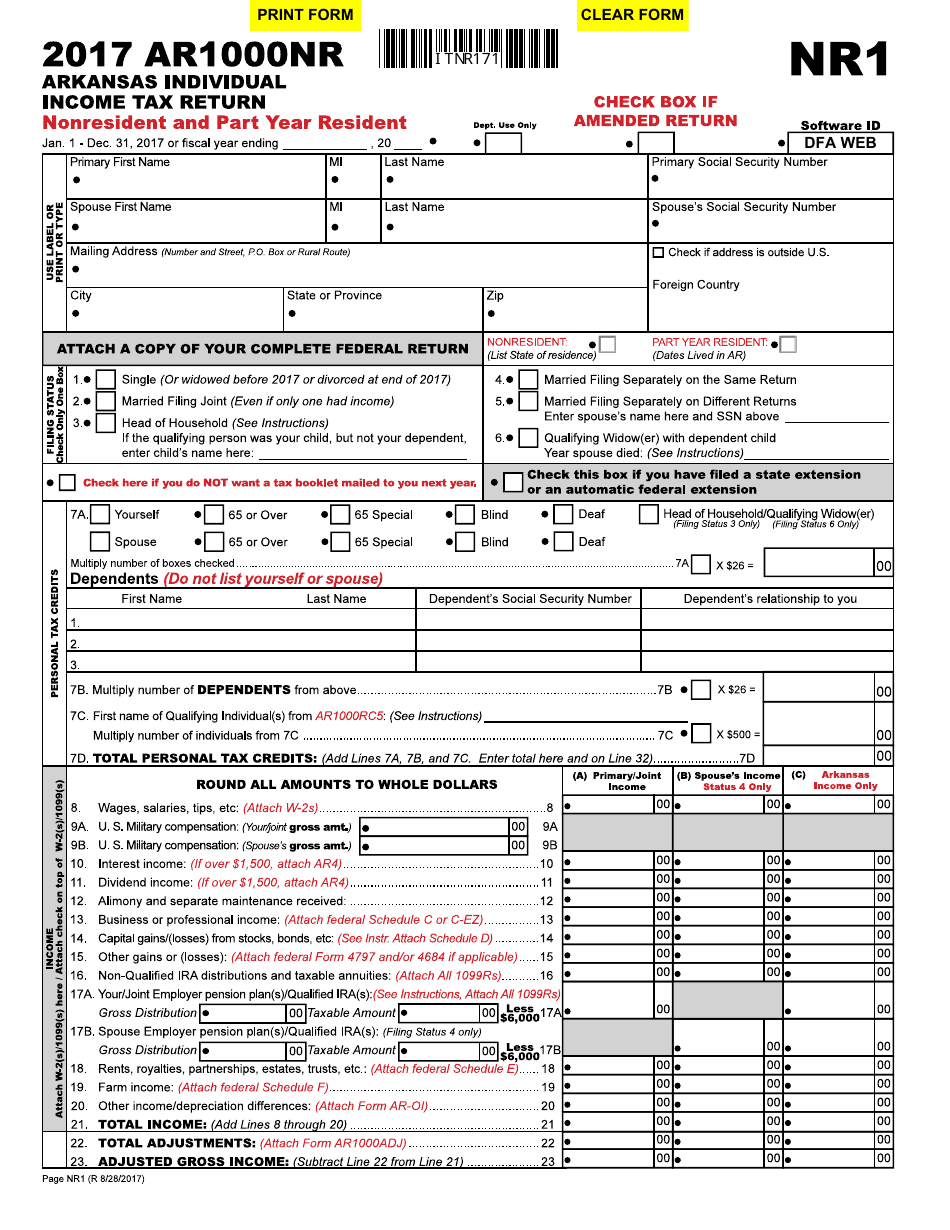 Form AR1000NR Arkansas Individual Income Tax Return Nonresident and Part Year Resident - Arkansas, Page 1