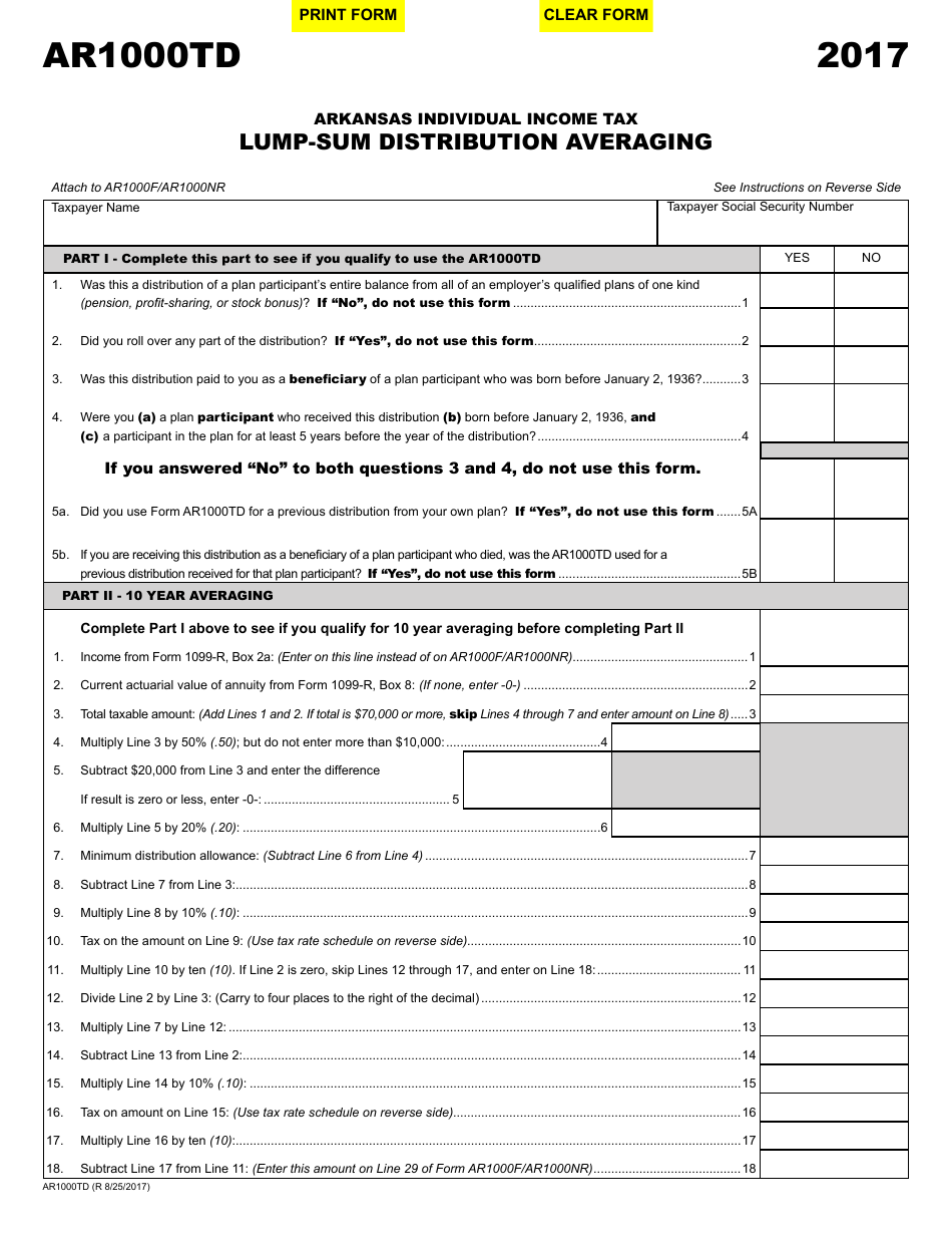 Form AR1000TD Arkansas Individual Income Tax Lump-Sum Distribution Averaging - Arkansas, Page 1
