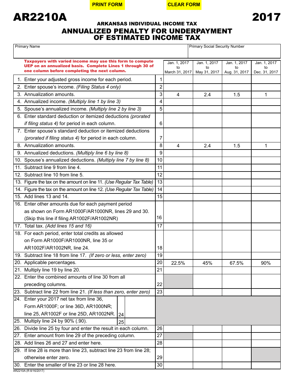 Form Ar2210a Download Fillable Pdf Or Fill Online Arkansas Individual Income Tax Annualized 6579