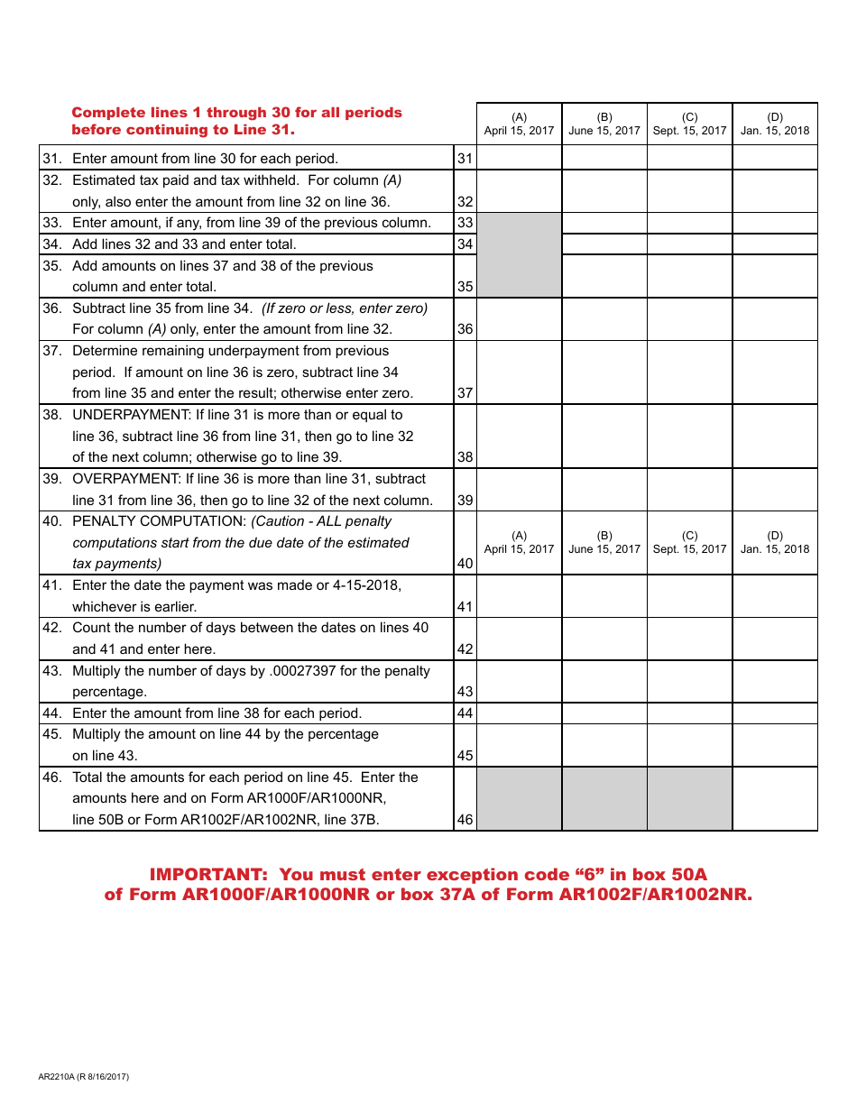 Form AR2210A Arkansas Individual Income Tax Annualized Penalty for Underpayment of Estimated Income Tax - Arkansas, Page 2