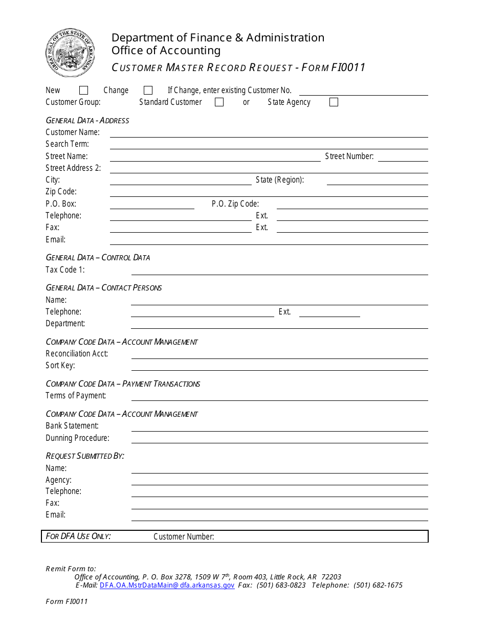 Form FI-0011 Customer Master Record Request - Arkansas, Page 1