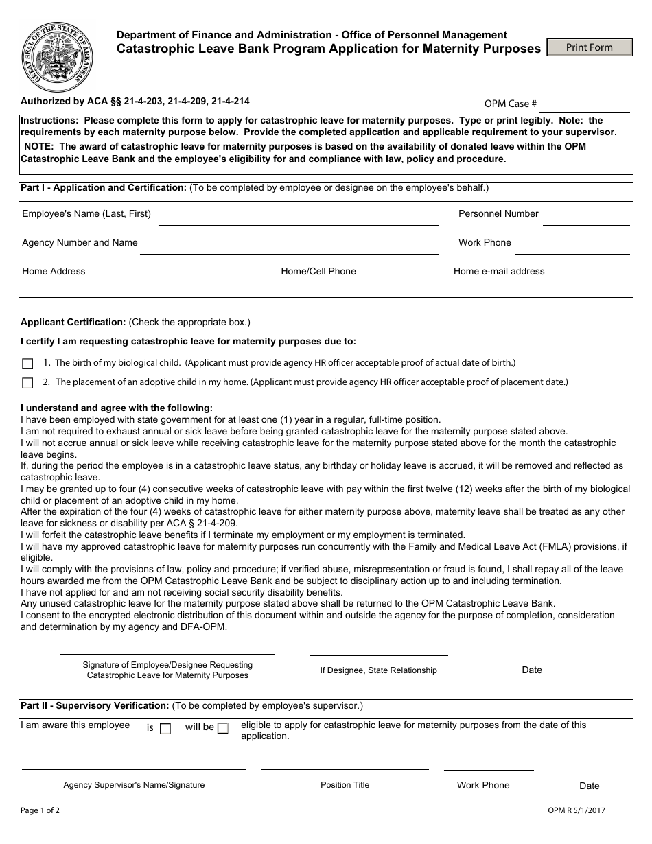 Catastrophic Leave Bank Program Application for Maternity Purposes - Arkansas, Page 1