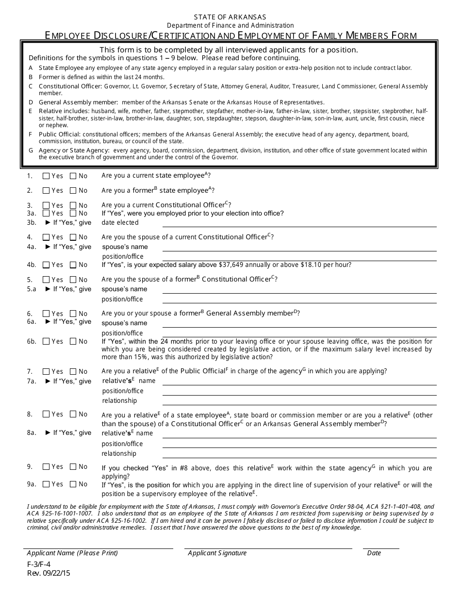 Form F 3 Download Printable Pdf Or Fill Online F 4 Employee Disclosure Certification And Employment Of Family Members Form Arkansas Templateroller