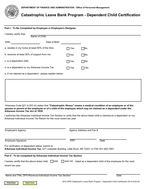 &quot;Catastrophic Leave Bank Program - Dependent Child Certification Form&quot; - Arkansas Download Pdf