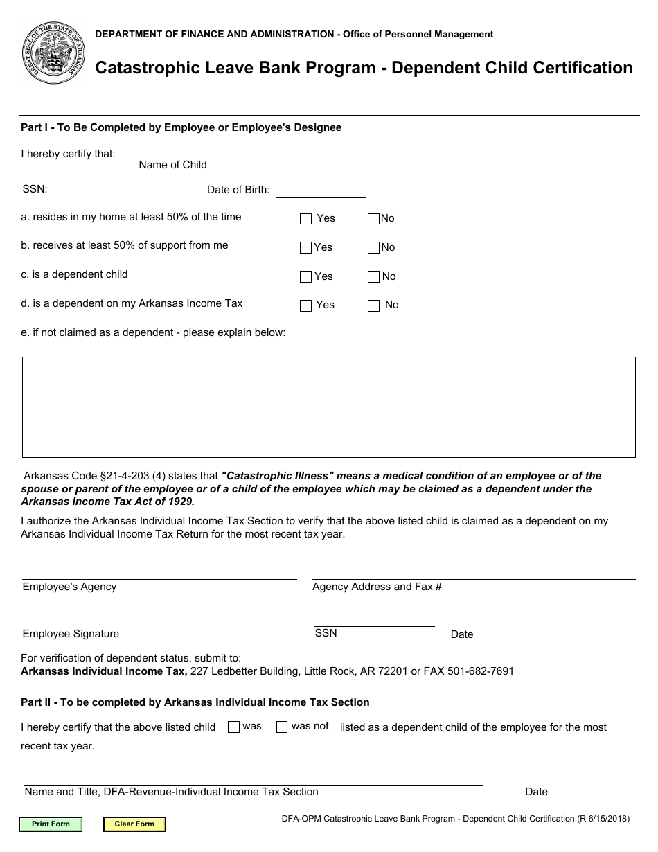 Catastrophic Leave Bank Program - Dependent Child Certification Form - Arkansas, Page 1