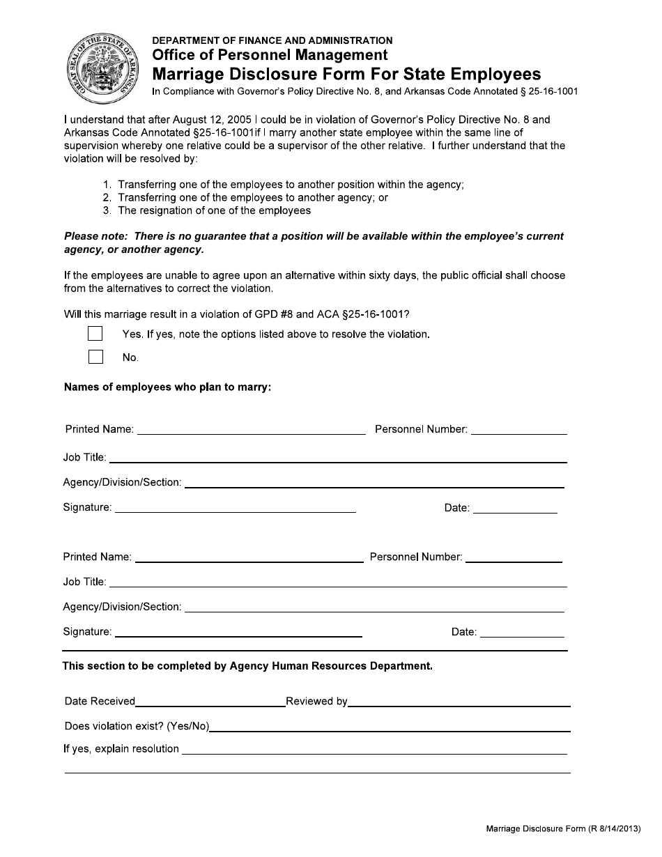 Marriage Disclosure Form for State Employees - Arkansas, Page 1