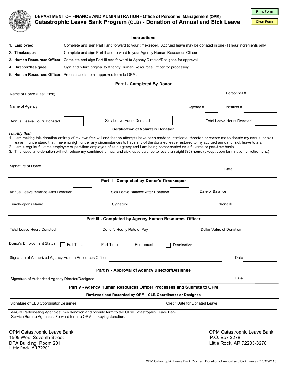 Catastrophic Leave Bank Program (Clb) - Donation of Annual and Sick Leave - Arkansas, Page 1