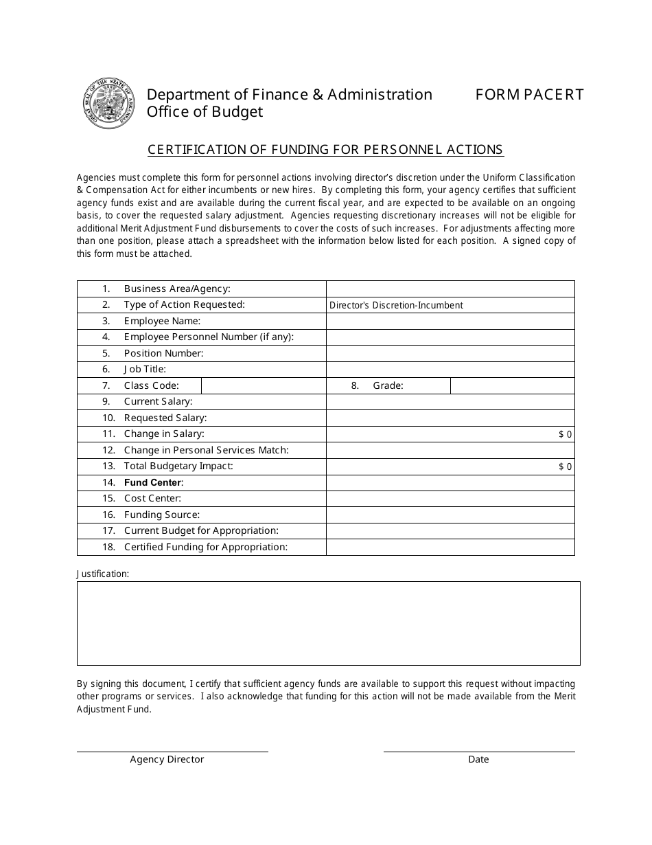 Form PACERT Certification of Funding for Personnel Actions - Arkansas, Page 1