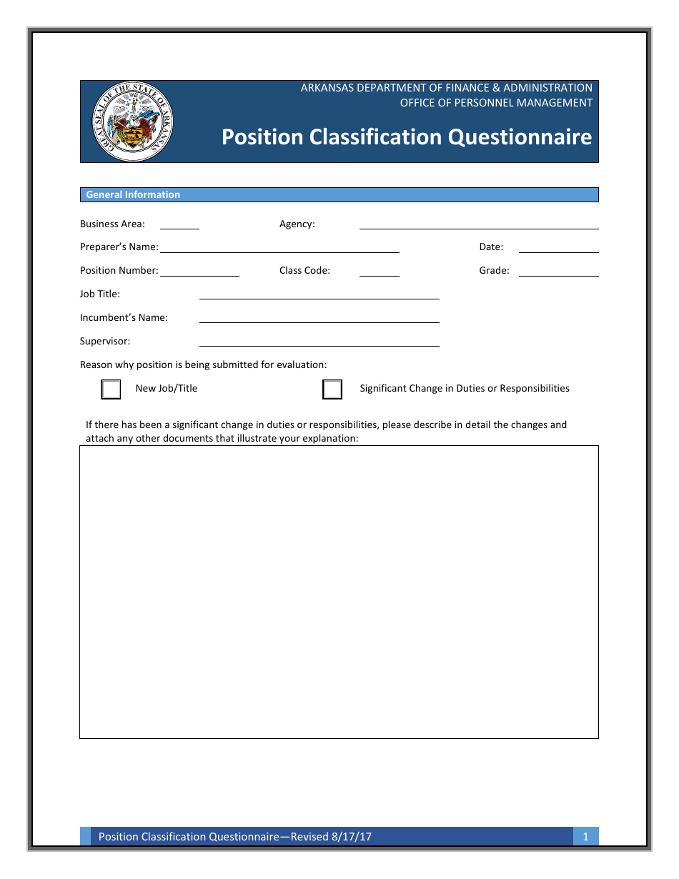 Position Classification Questionnaire Form - Arkansas, Page 1
