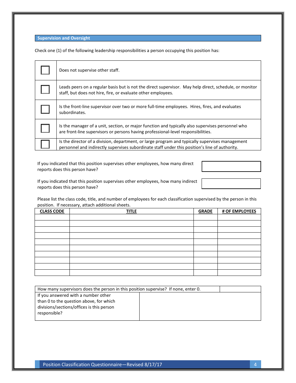 Position Classification Questionnaire Form - Arkansas, Page 4
